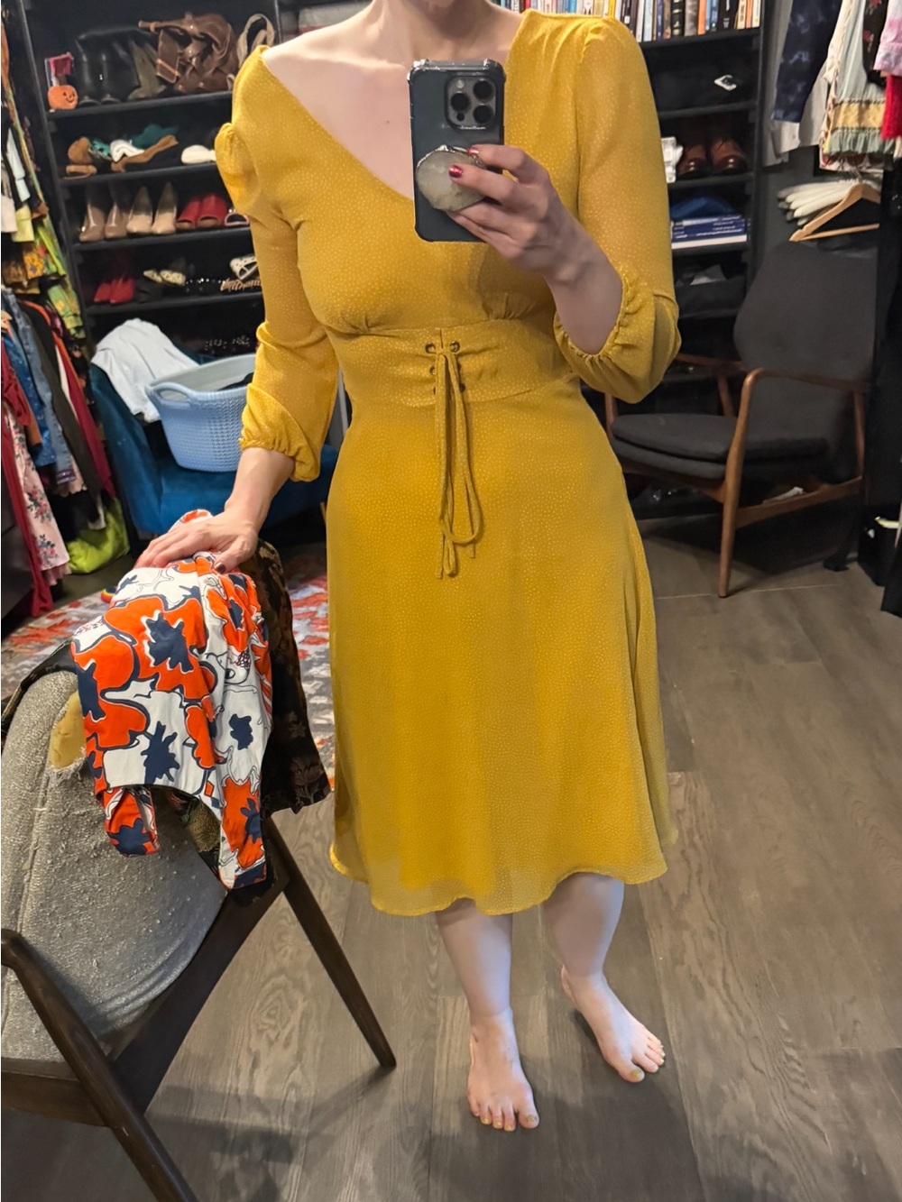 Anthropologie Le Lis Romantic Butter Yellow Midi Dress with Lace-Up Waist 💛🌙
